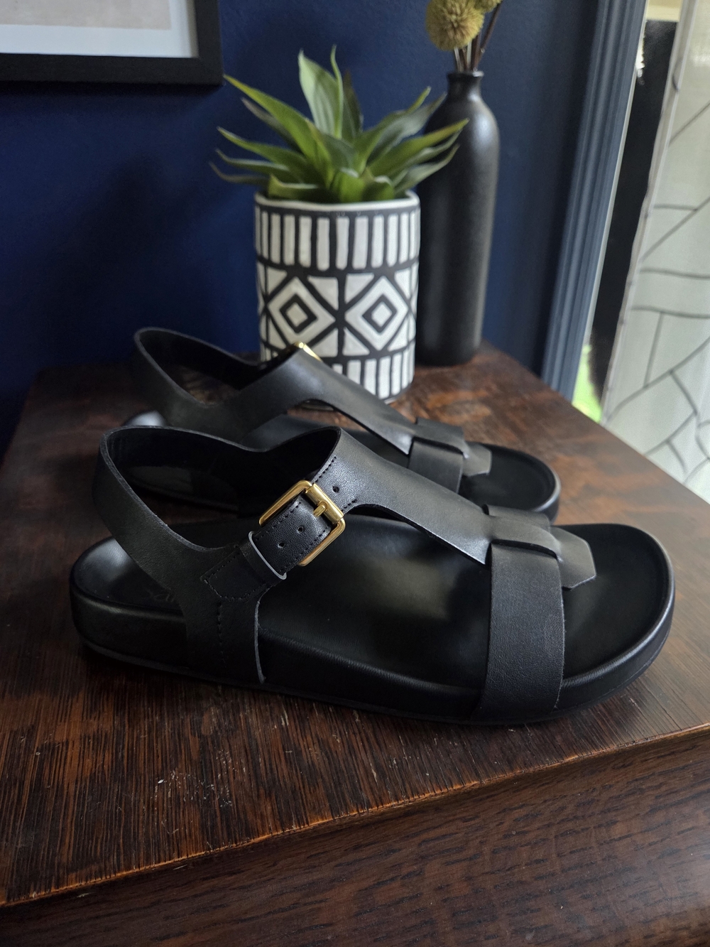 Womens Black Leather Strap Sandals with Gold Buckle
